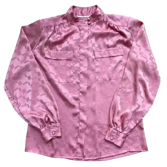 Vintage Alicia Women's Satin Style Long Sleeve Blouse Pink Size 10 Button Front - Picture 1 of 13